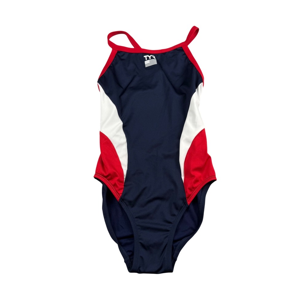 TYR Womens 32 M One Piece Swimsuit Navy Red White USA Durafast Elite Performance
